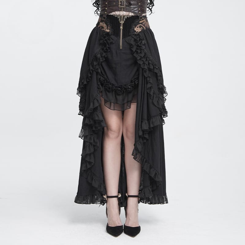 DEVIL FASHION Women's Gothic Rose Ruffle High Low Hem Skirt