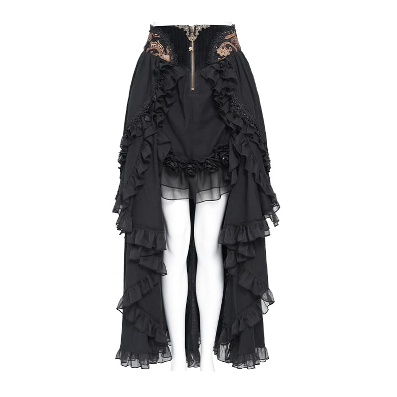 DEVIL FASHION Women's Gothic Rose Ruffle High Low Hem Skirt