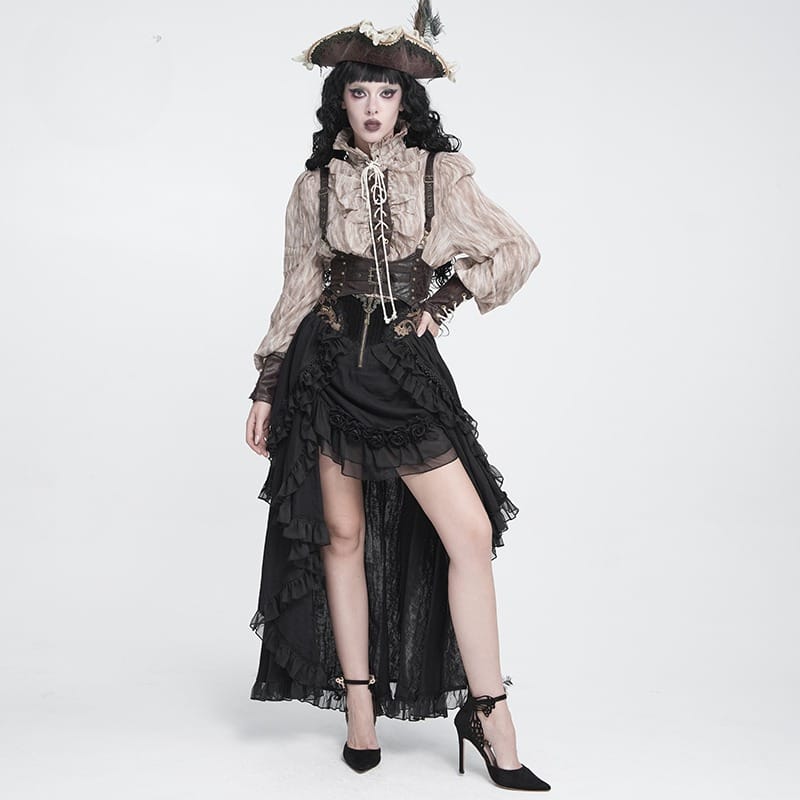 DEVIL FASHION Women's Gothic Rose Ruffle High Low Hem Skirt