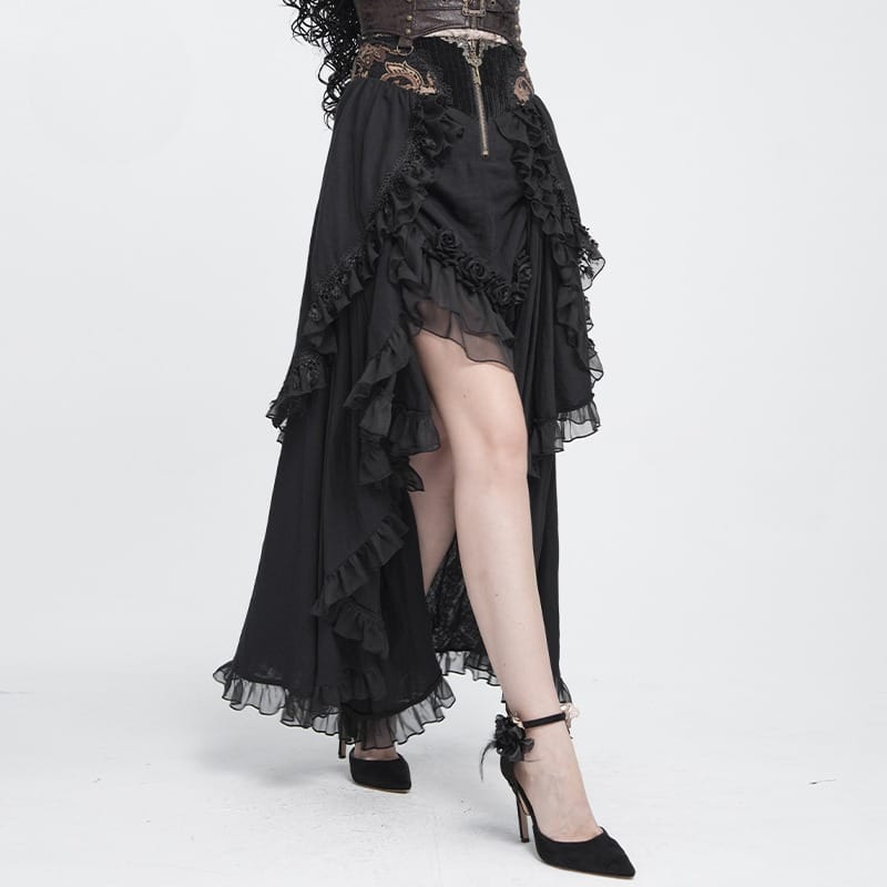 DEVIL FASHION Women's Gothic Rose Ruffle High Low Hem Skirt