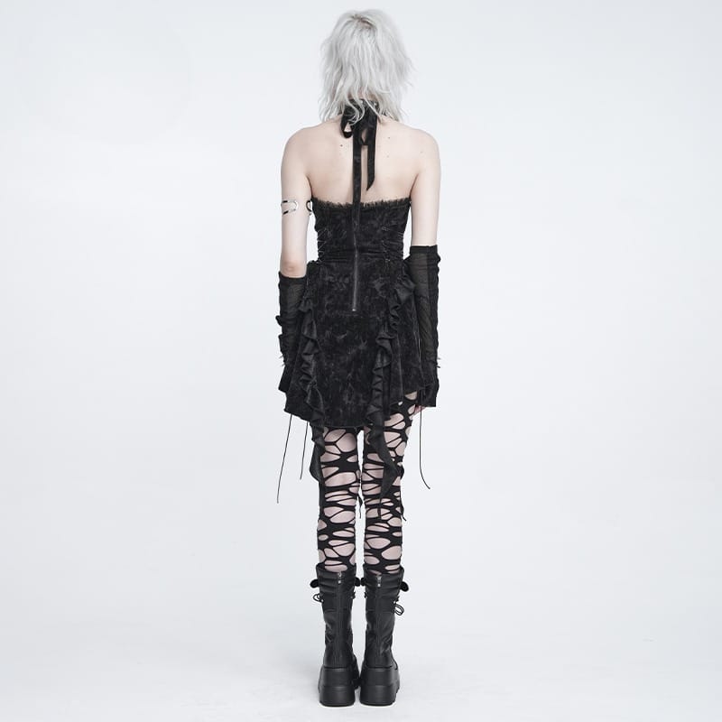 DEVIL FASHION Women's Gothic Ruffle Plunging V-Neck Halter Dress