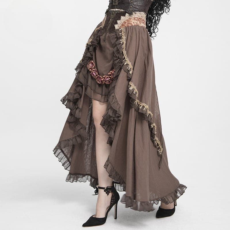 DEVIL FASHION Women's Gothic Ruffle Rose Irregular Hem Skirt