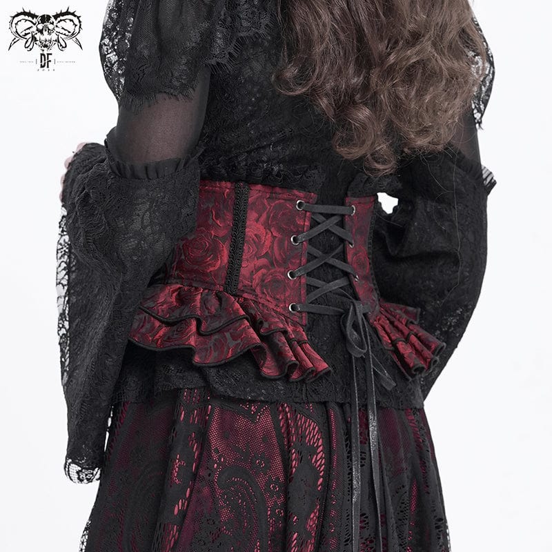 DEVIL FASHION Women's Gothic Ruffled Lace Splice Underbust Corset Red