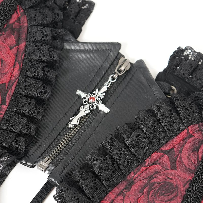 DEVIL FASHION Women's Gothic Ruffled Lace Splice Underbust Corset Red