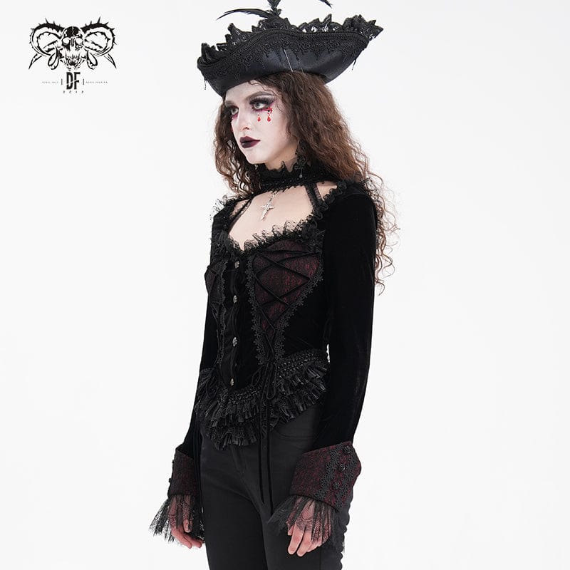 DEVIL FASHION Women's Gothic Ruffled Mesh Lace-up Long Sleeved Shirts