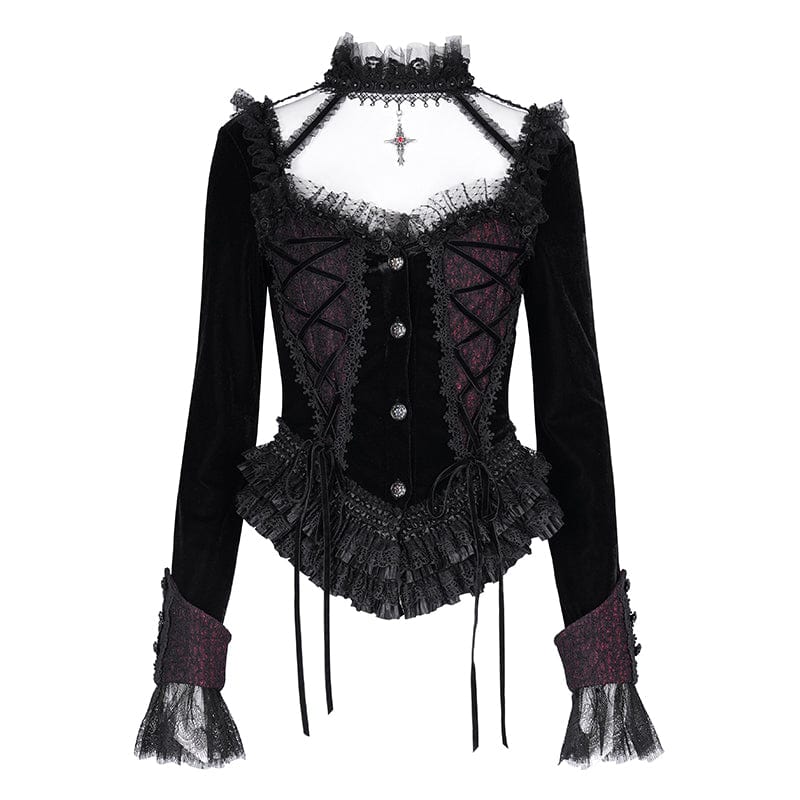 DEVIL FASHION Women's Gothic Ruffled Mesh Lace-up Long Sleeved Shirts