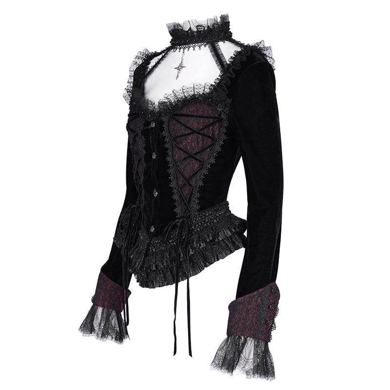 DEVIL FASHION Women's Gothic Ruffled Mesh Lace-up Long Sleeved Shirts