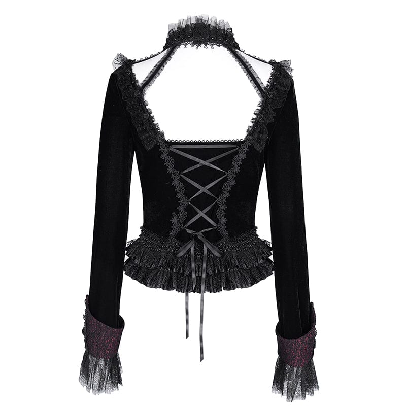 DEVIL FASHION Women's Gothic Ruffled Mesh Lace-up Long Sleeved Shirts