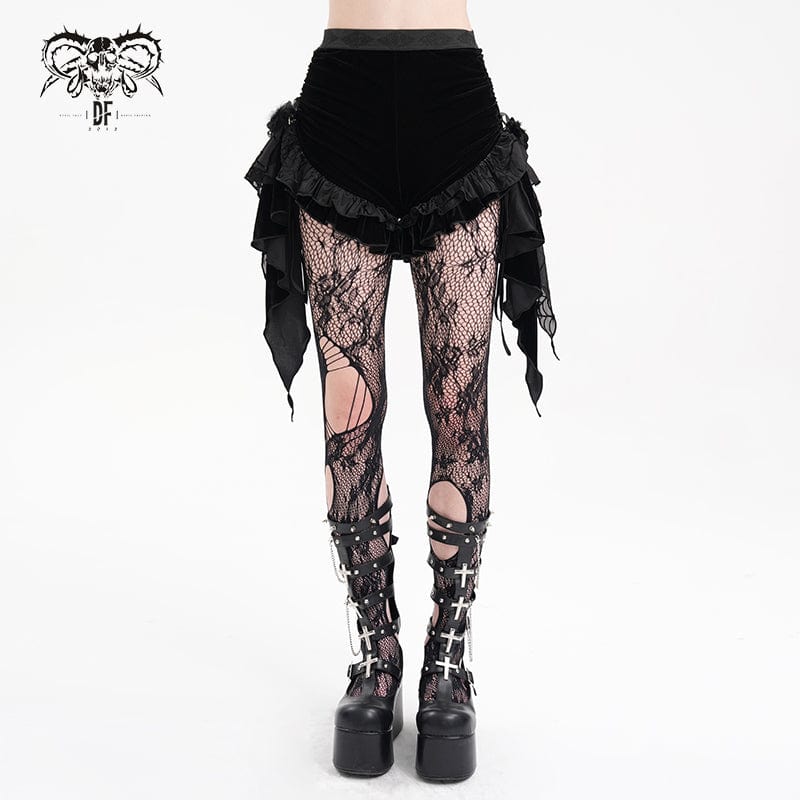 DEVIL FASHION Women's Gothic Ruffled Mesh Plumed Shorts