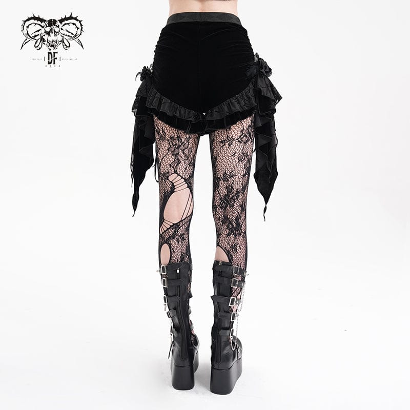 DEVIL FASHION Women's Gothic Ruffled Mesh Plumed Shorts