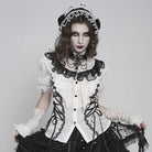 DEVIL FASHION Women's Gothic Ruffled Stand Collar Puff Short Sleeved Shirt Black-White