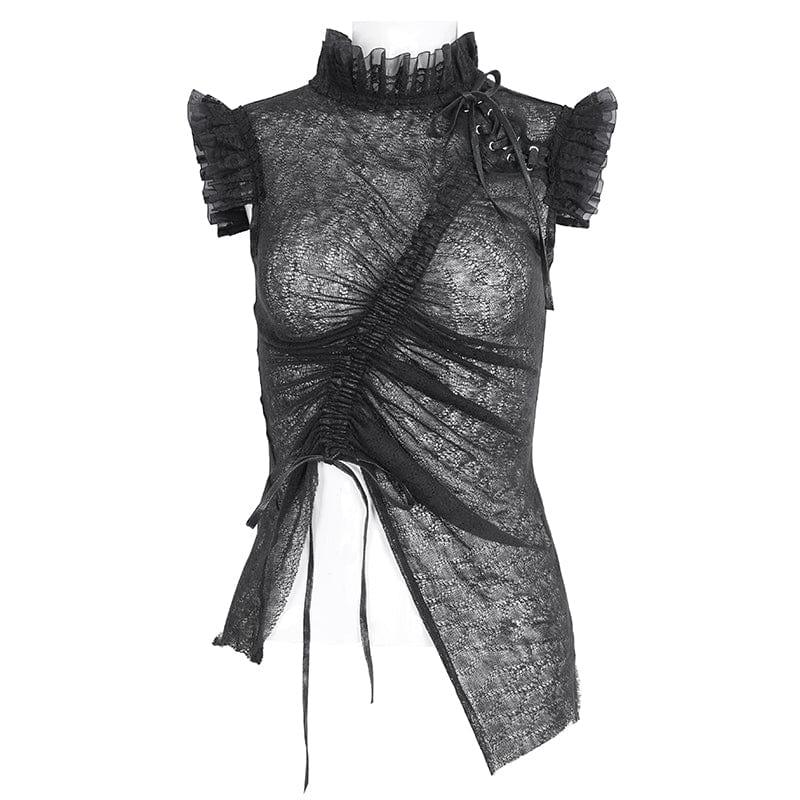 DEVIL FASHION Women's Gothic Sheer Lace-Up Mesh Ruffled Top