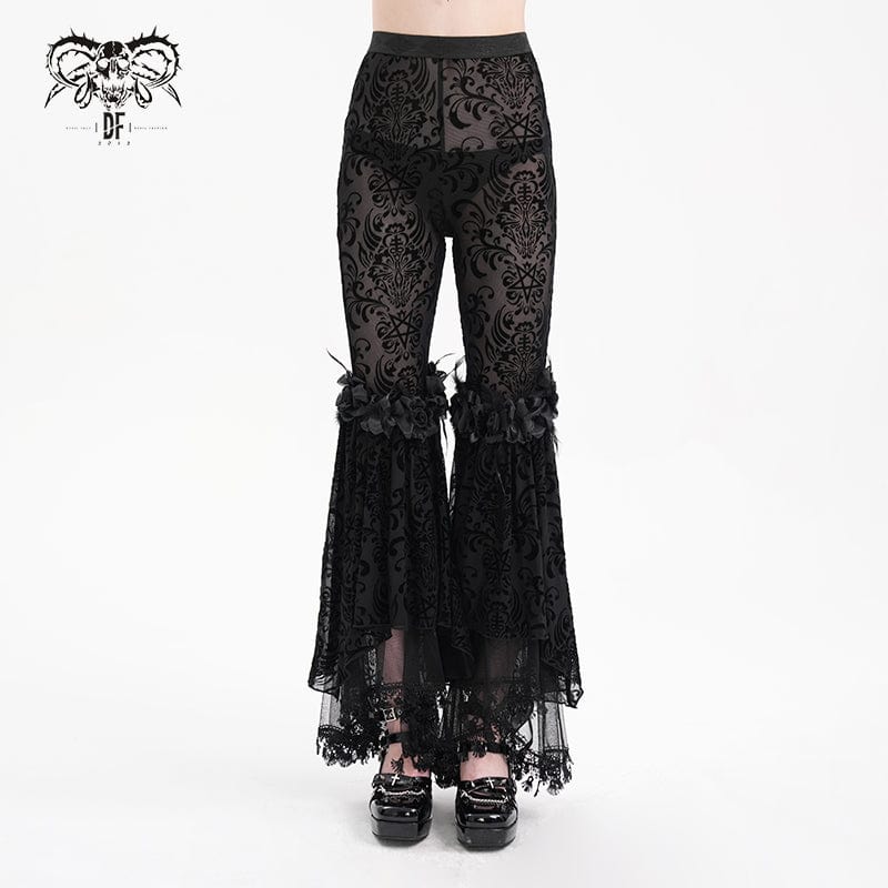 DEVIL FASHION Women's Gothic Sheer Mesh Tassels Lace Pants