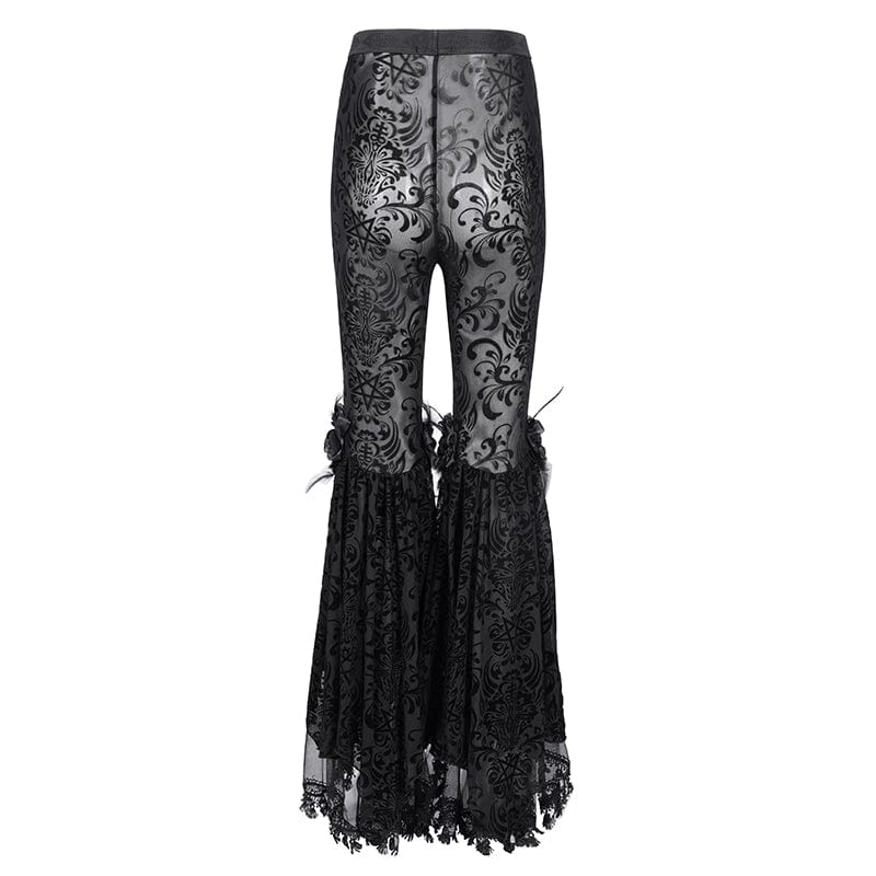 DEVIL FASHION Women's Gothic Sheer Mesh Tassels Lace Pants