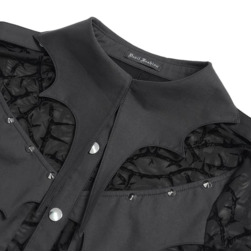 DEVIL FASHION Women's Gothic Sheer Thorny Vine Print Bat Wing Collar Long Sleeve Shirt