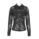 DEVIL FASHION Women's Gothic Sheer Thorny Vine Print Bat Wing Collar Long Sleeve Shirt