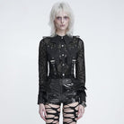 DEVIL FASHION Women's Gothic Sheer Thorny Vine Print Bat Wing Collar Long Sleeve Shirt