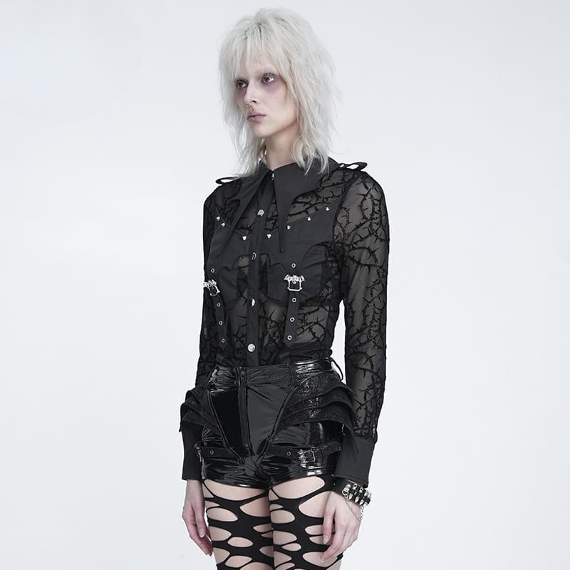 DEVIL FASHION Women's Gothic Sheer Thorny Vine Print Bat Wing Collar Long Sleeve Shirt
