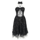 DEVIL FASHION Women's Gothic Skeleton Printed Lace Splice Halterneck Witch Dress Black