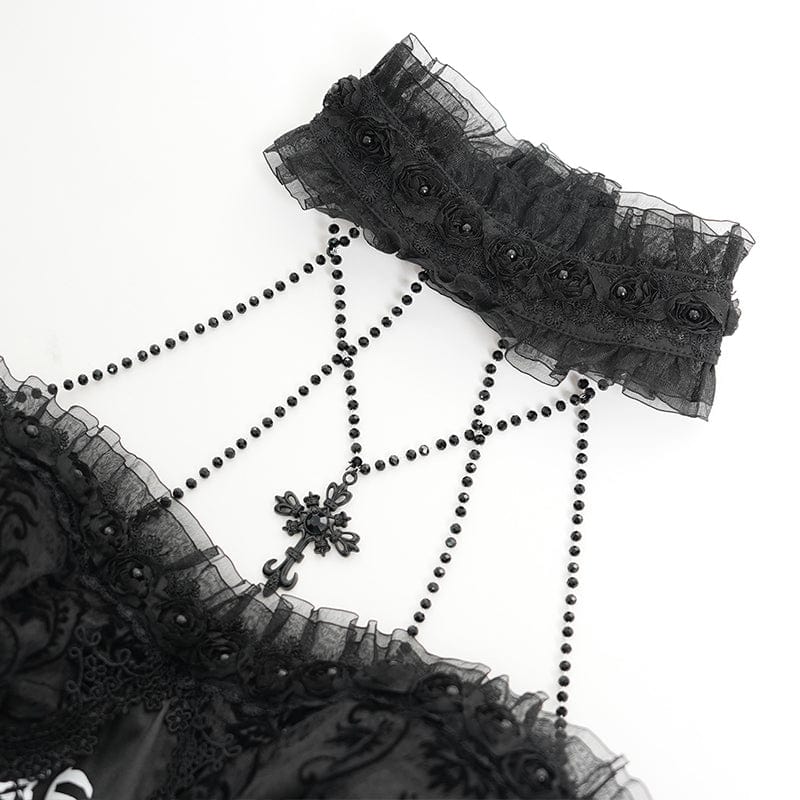 DEVIL FASHION Women's Gothic Skeleton Printed Lace Splice Halterneck Witch Dress Black