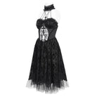 DEVIL FASHION Women's Gothic Skeleton Printed Lace Splice Halterneck Witch Dress Black