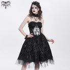 DEVIL FASHION Women's Gothic Skeleton Printed Lace Splice Halterneck Witch Dress Black