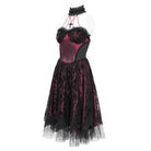 DEVIL FASHION Women's Gothic Skeleton Printed Lace Splice Halterneck Witch Dress Red