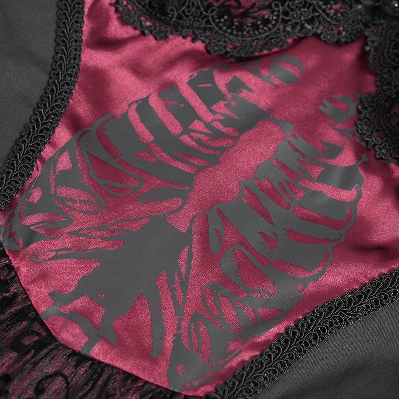 DEVIL FASHION Women's Gothic Skeleton Printed Lace Splice Halterneck Witch Dress Red