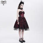 DEVIL FASHION Women's Gothic Skeleton Printed Lace Splice Halterneck Witch Dress Red