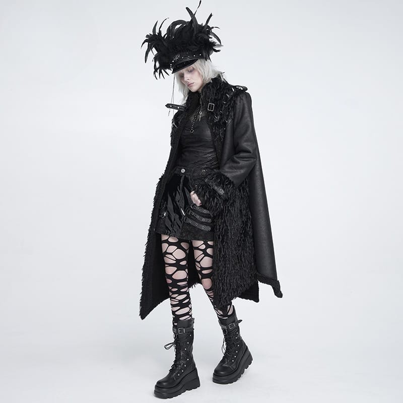 DEVIL FASHION Women's Gothic Spiked Faux Fur Panel Spliced Long Coat