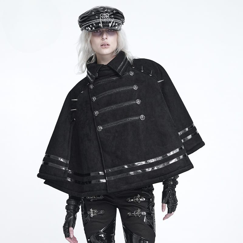 DEVIL FASHION Women's Gothic Spiked Stand Collar Asymmetrical Slanted Placket Cloak
