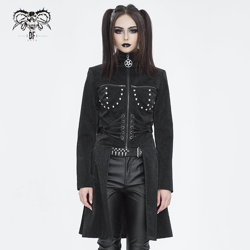 DEVIL FASHION Women's Gothic Stand Collar High/Low Faux Leather Jacket