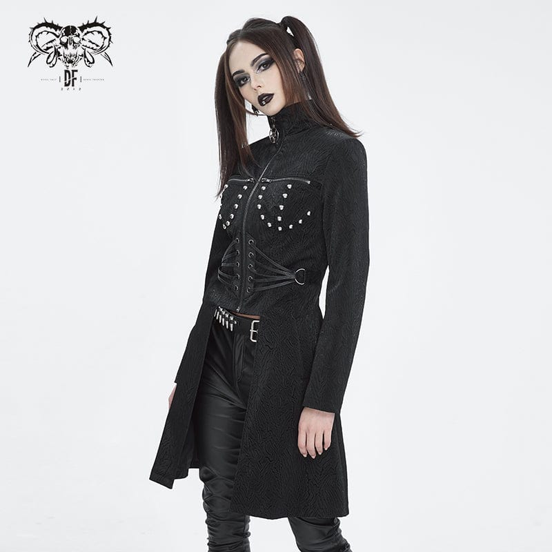 DEVIL FASHION Women's Gothic Stand Collar High/Low Faux Leather Jacket