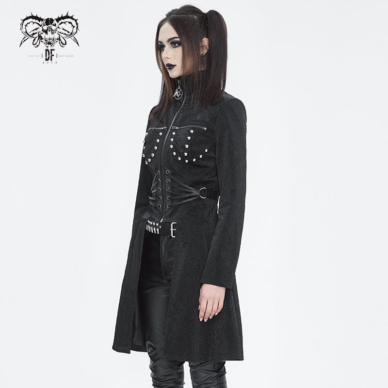 DEVIL FASHION Women's Gothic Stand Collar High/Low Faux Leather Jacket