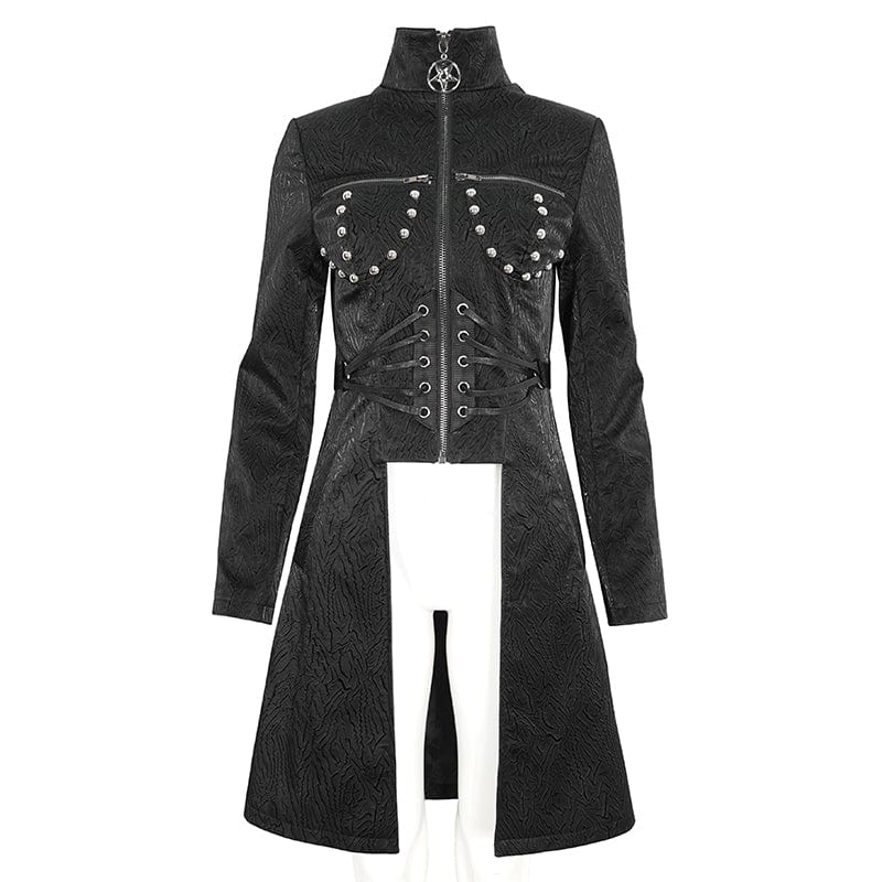 DEVIL FASHION Women's Gothic Stand Collar High/Low Faux Leather Jacket