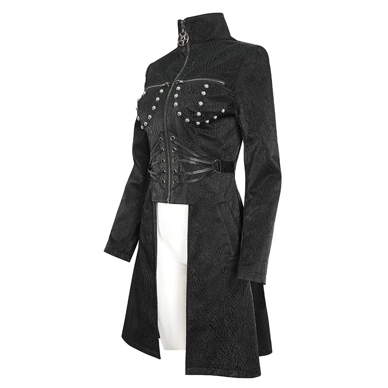 DEVIL FASHION Women's Gothic Stand Collar High/Low Faux Leather Jacket