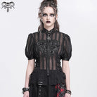 DEVIL FASHION Women's Gothic Stand Collar Puff Sleeved Sheer Shirt