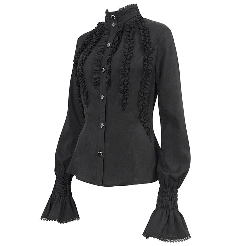 DEVIL FASHION Women's Gothic Stand Collar Ruffled Shirt Black