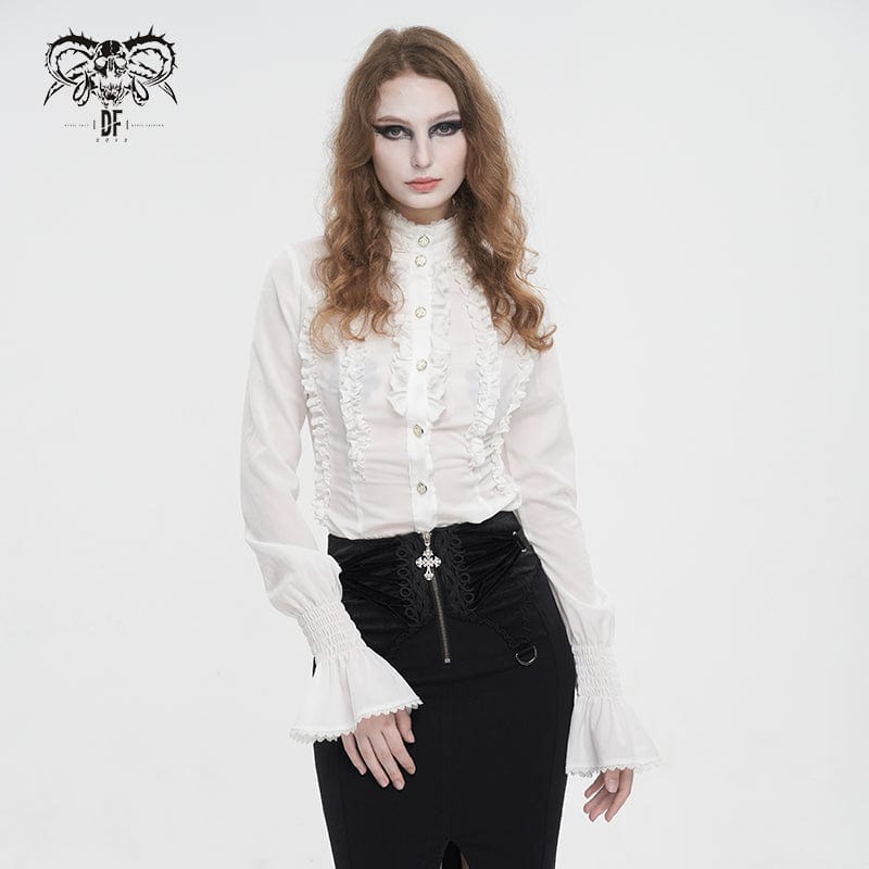 DEVIL FASHION Women's Gothic Stand Collar Ruffled Shirt White