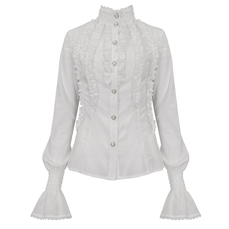 DEVIL FASHION Women's Gothic Stand Collar Ruffled Shirt White