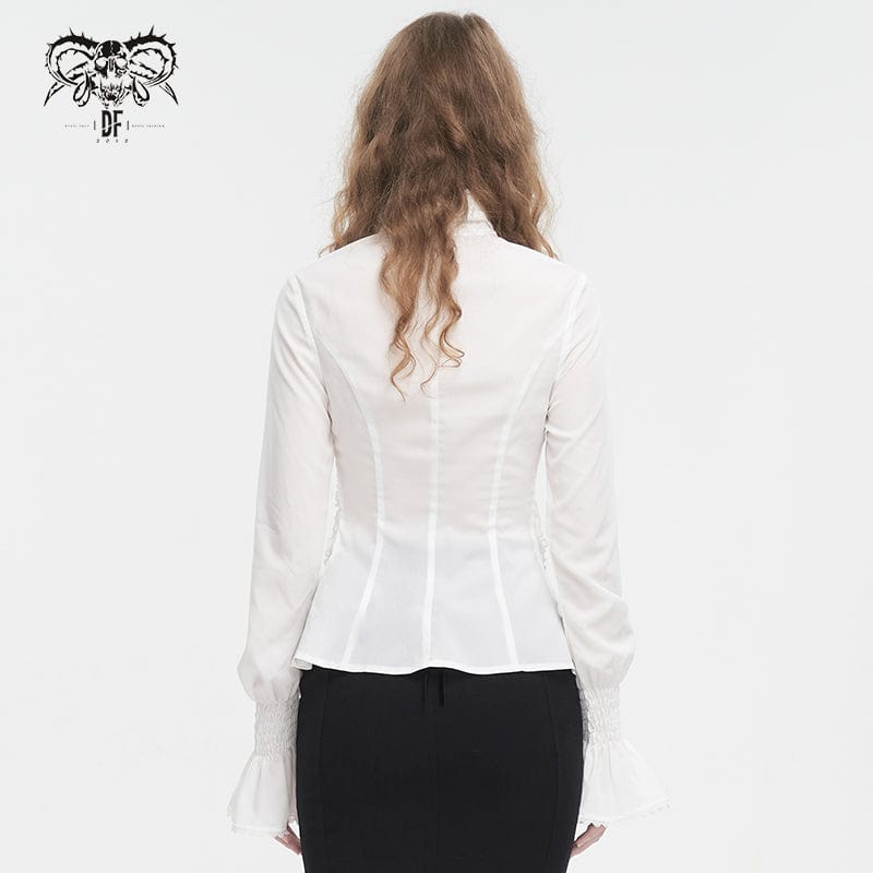 DEVIL FASHION Women's Gothic Stand Collar Ruffled Shirt White