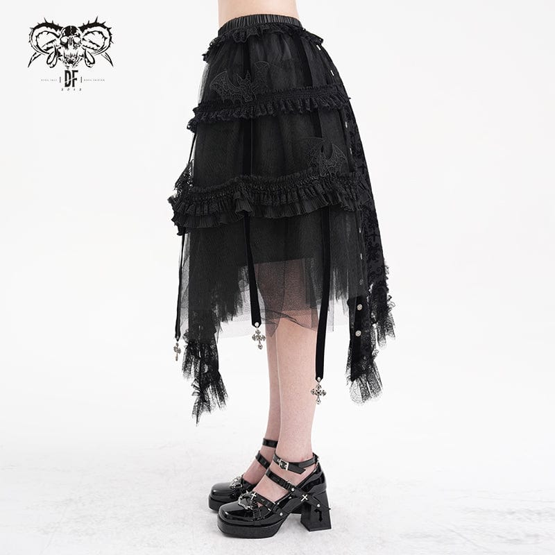 DEVIL FASHION Women's Gothic Strap Cut-out Lace Irregular Hem Skirt