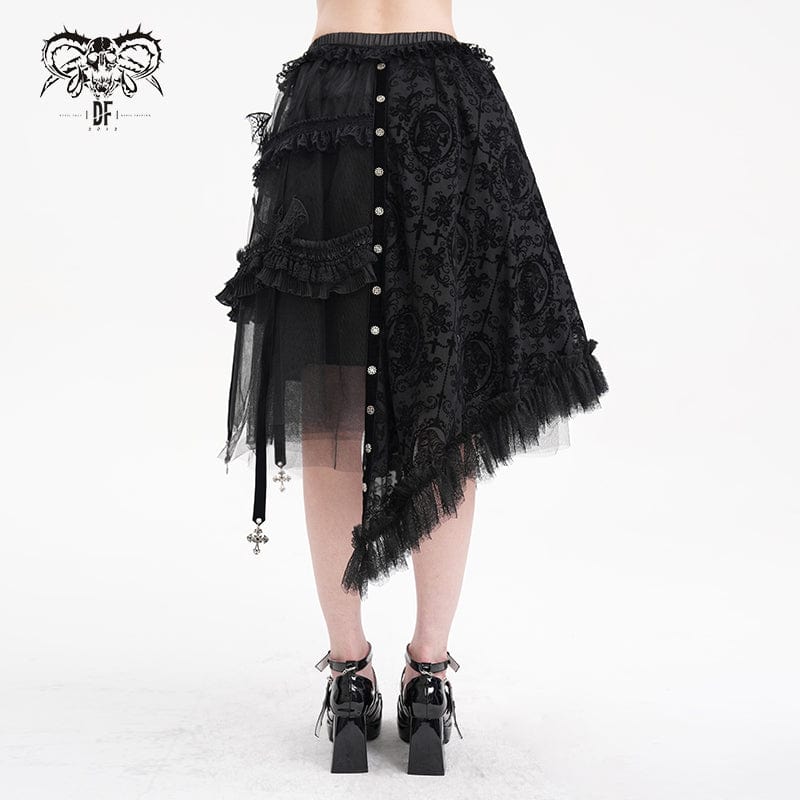 DEVIL FASHION Women's Gothic Strap Cut-out Lace Irregular Hem Skirt