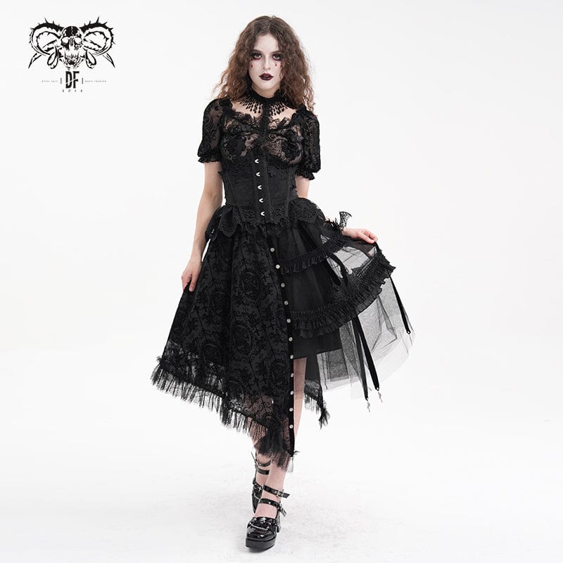 DEVIL FASHION Women's Gothic Strap Cut-out Lace Irregular Hem Skirt