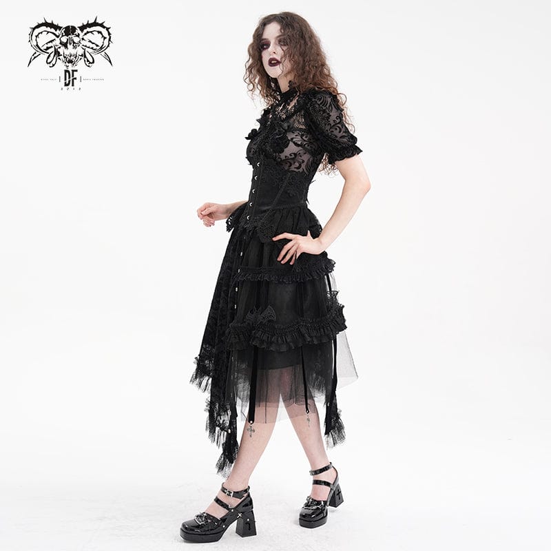 DEVIL FASHION Women's Gothic Strap Cut-out Lace Irregular Hem Skirt