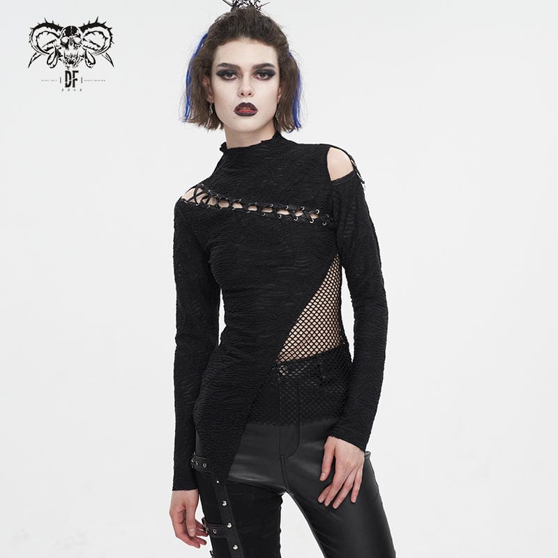 DEVIL FASHION Women's Gothic Strappy Cutout Mesh Splice Shirt