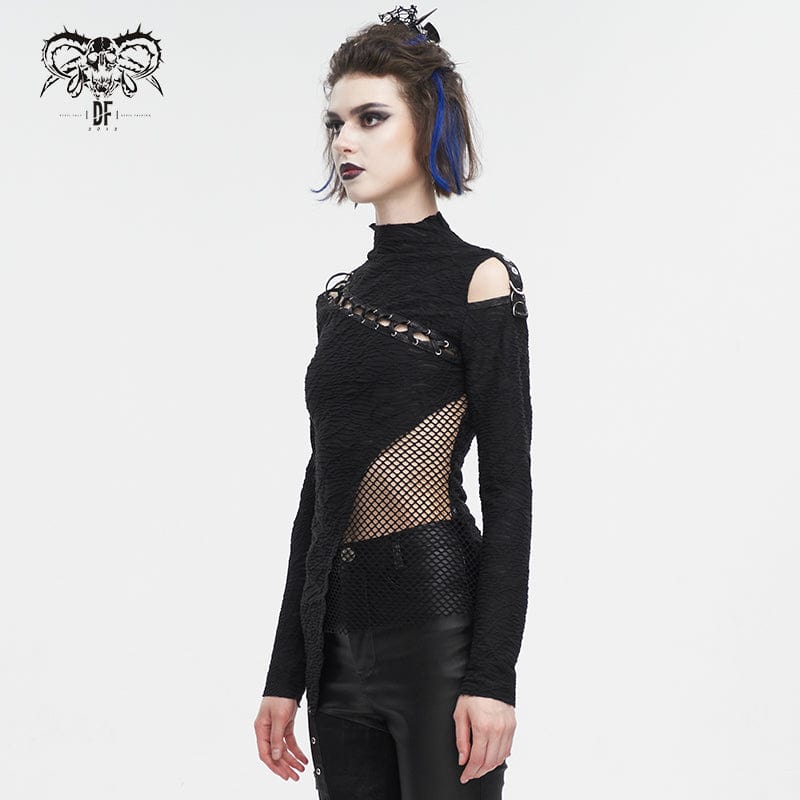 DEVIL FASHION Women's Gothic Strappy Cutout Mesh Splice Shirt