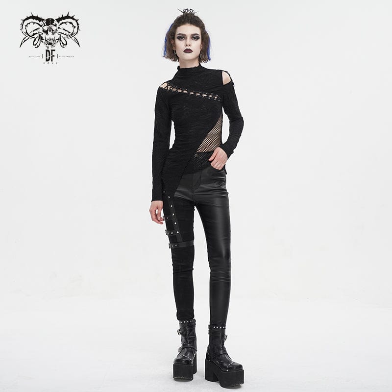 DEVIL FASHION Women's Gothic Strappy Cutout Mesh Splice Shirt