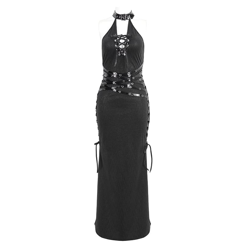 DEVIL FASHION Women's Gothic Strappy Side Slit Fitted Halterneck Dress