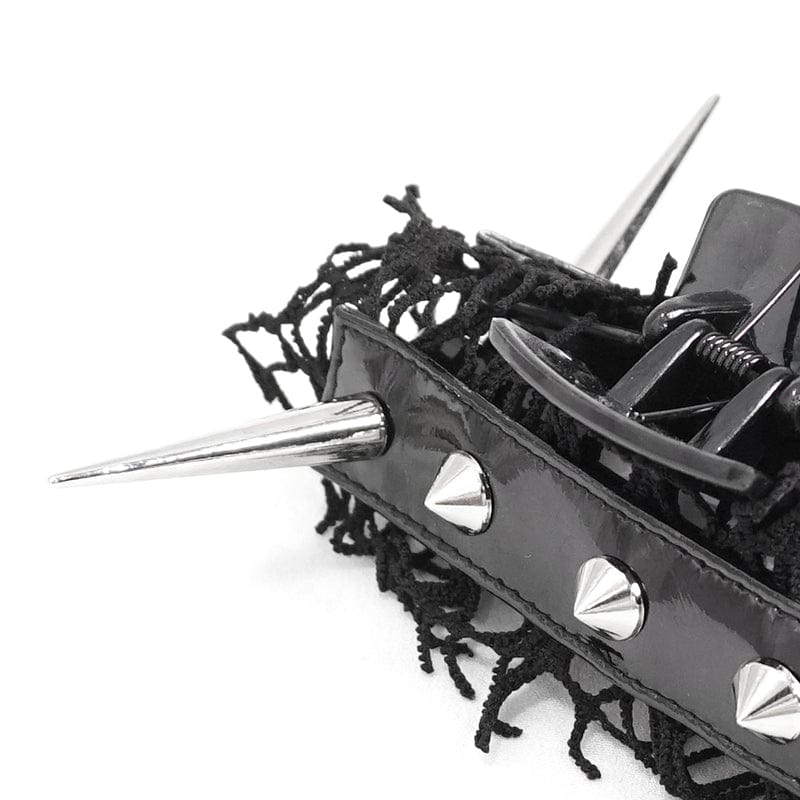 DEVIL FASHION Women's Gothic Studded Mesh Splice Faux Leather Hair Claw